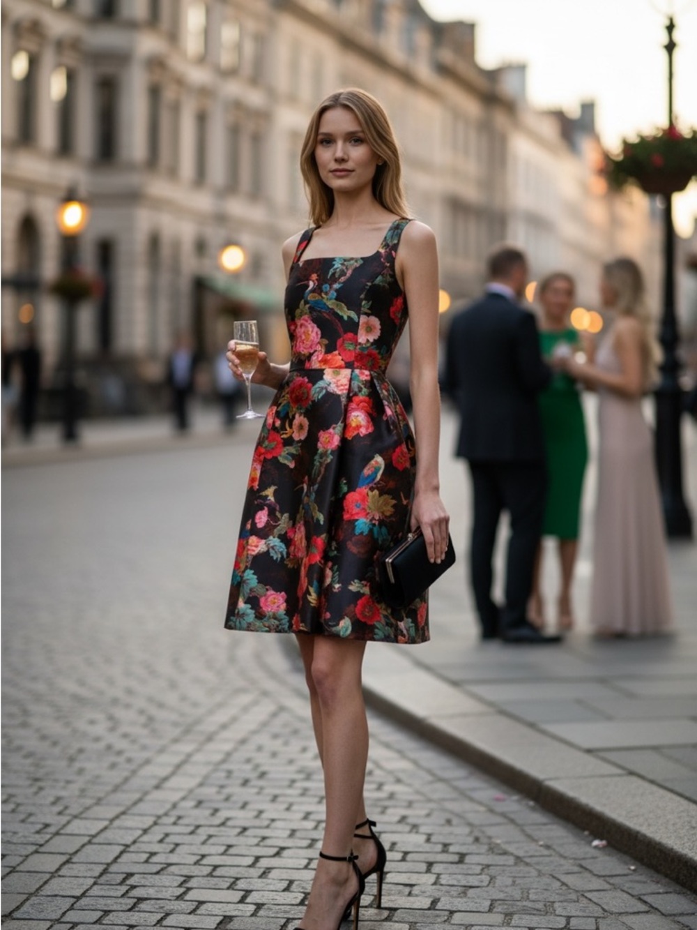 Julia Jordan Floral Square-Neck Party Dress in Black with Pockets!  NWT